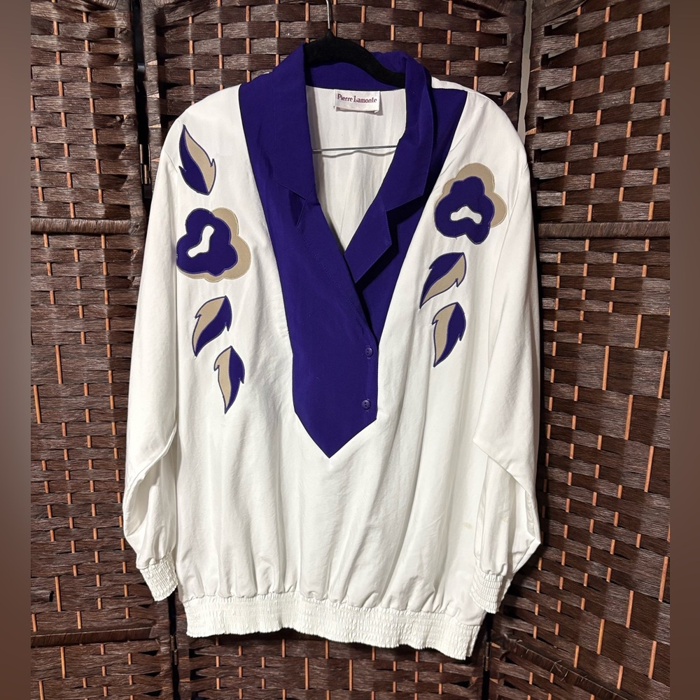 Vintage Pierre Lamonte Statement Blouse – White & Royal Purple Appliqué